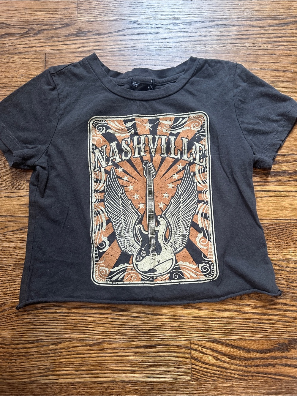 Cropped Black 'Nashville' Graphic Tee with Guitar Wings
